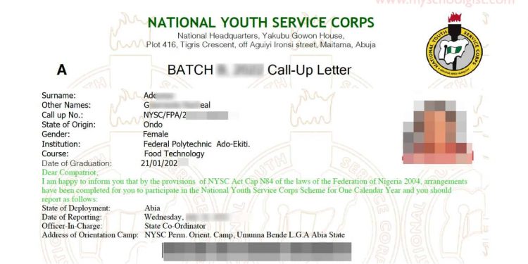 NYSC Call Up Letter